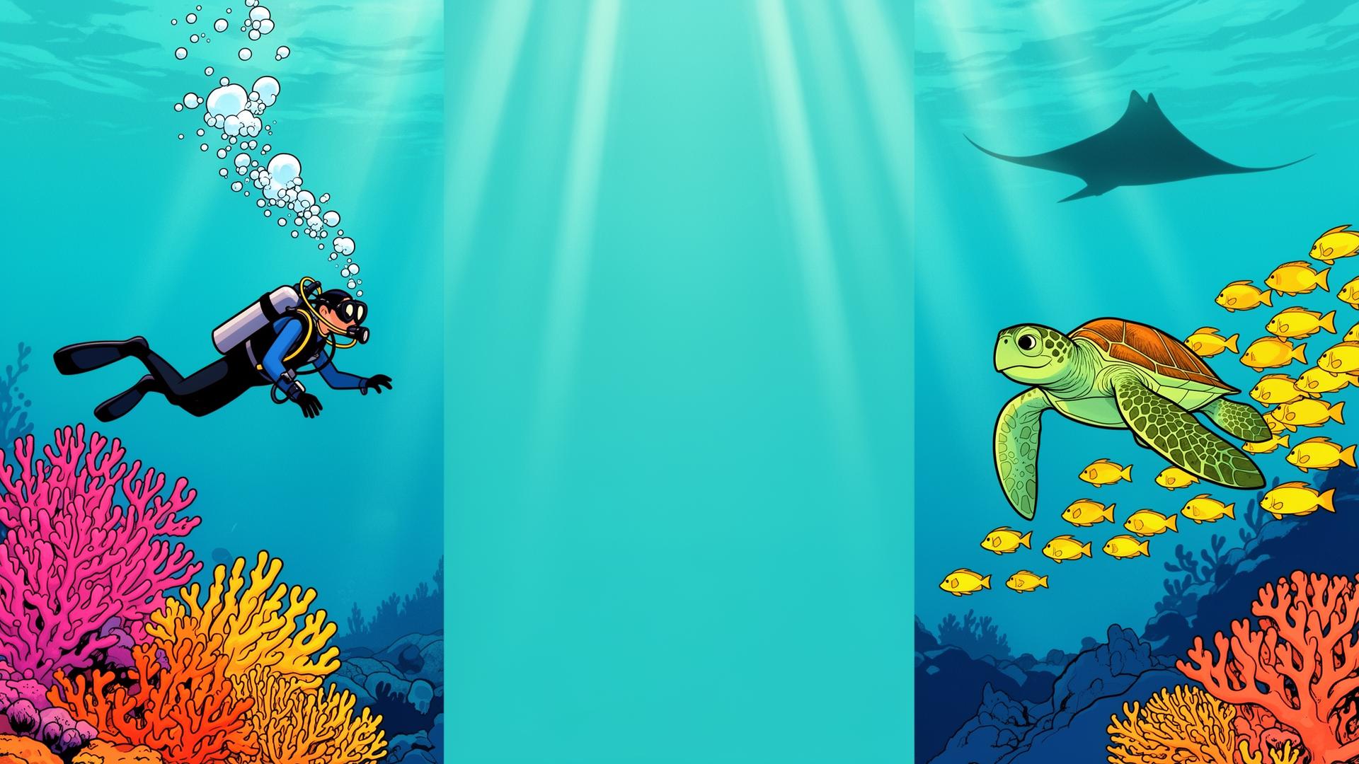 Scuba diver silhouetted by sunbeams over a vibrant coral reef