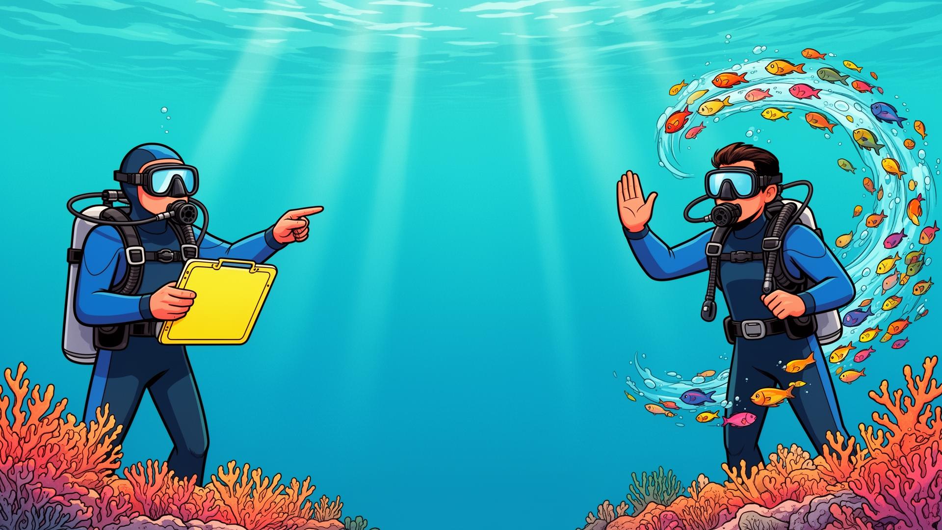 Divemaster trainee diving with instructor on a tropical reef